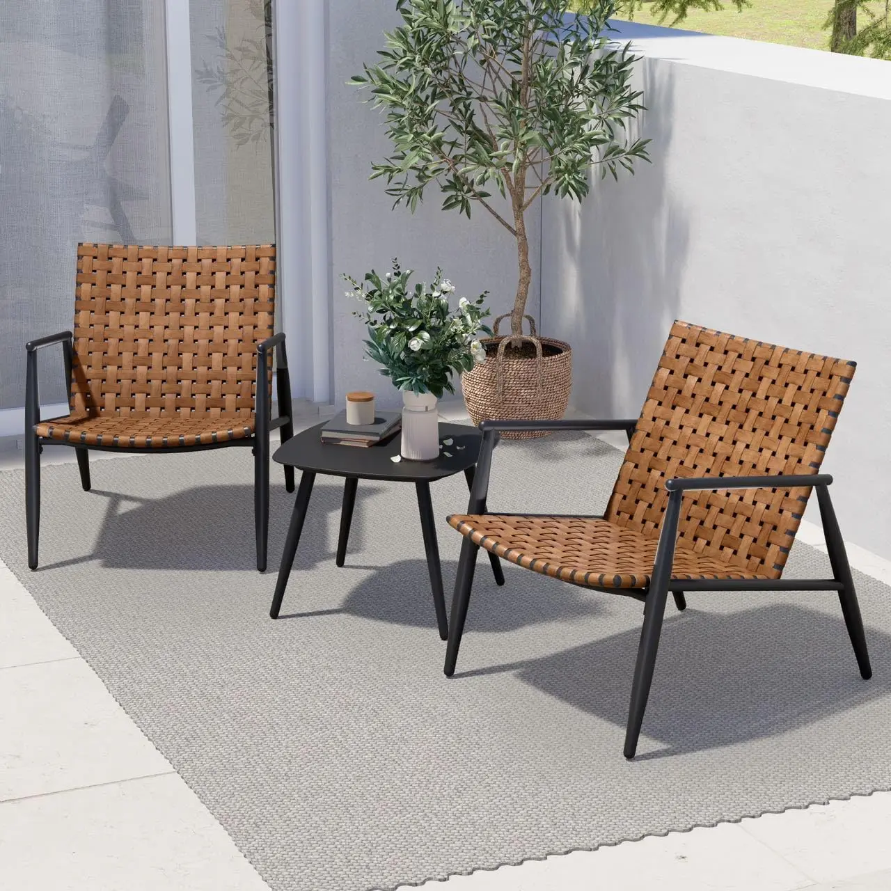 Brown Leather-Look Wicker 3-Piece Outdoor Bistro Set with Powder Coated Aluminum Frame for Garden, Backyard, and Balcony