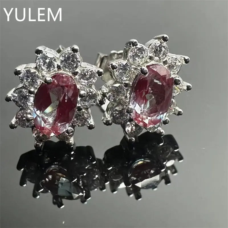 YULEM 925 Sterling Silver alexander Stud Earrings Oval 4x6mm 4 Prong Simple Genuine Gemstone Earring Women Fine Jewelry