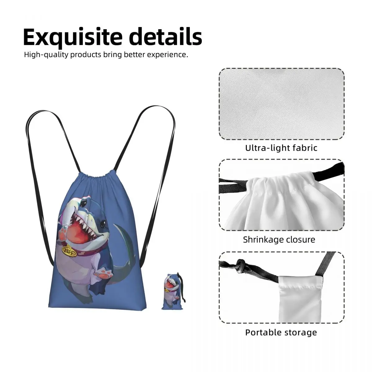 Jeff The Land Shark Drawstring Backpack Sports Gym Bag Portable Travel Drawstring Bag for Men Women