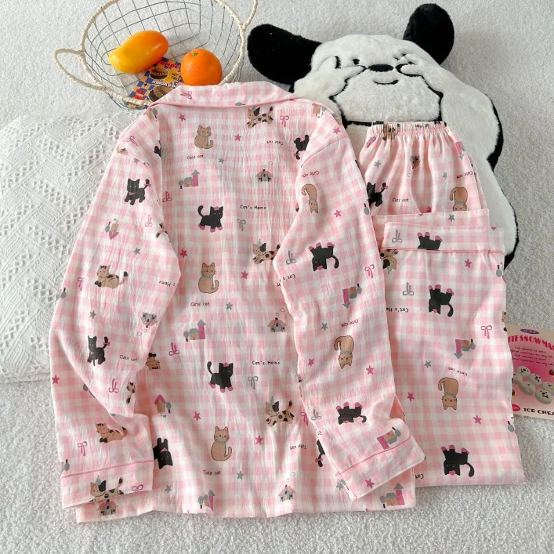 Spring and Autumn Korean-Style Homewear Casual Women's Pajamas Set Pink Checkered Cartoon Cute Cat Print Long Sleeve Sleepwear