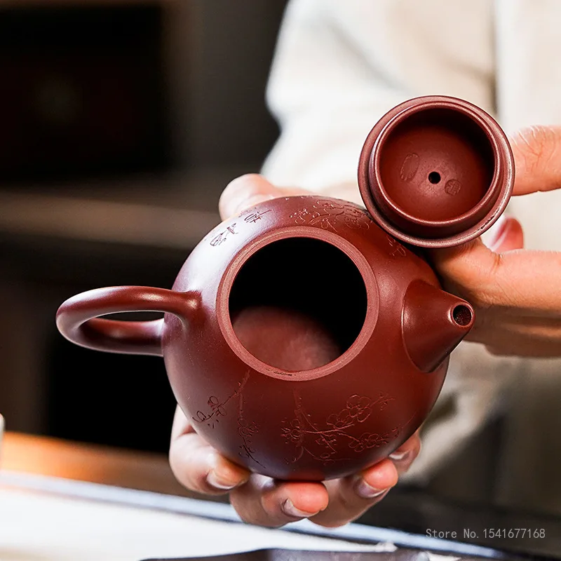 Chinese Style Plum Blossom Pattern Teapot, Purple Clay Raw ore Dahongpao, Kung Fu Household, Pure Handmade, 220ml, Tea Pots, 1Pc
