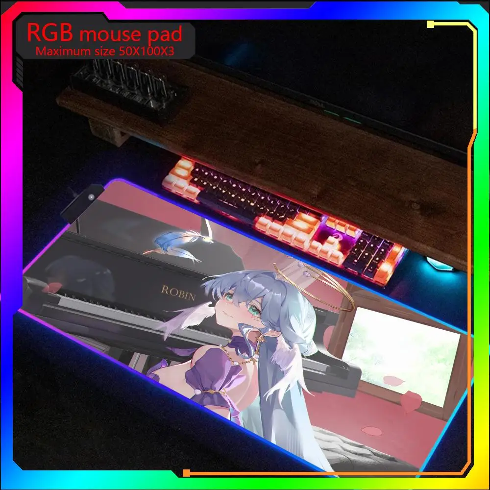 Honkai Star Rail Robin RGB Mouse Pad, Grande Gaming Mousepad, LED, Borracha, Tapete de mesa, Laptop, Desktop Game Pad, Tamanho máximo 50x100