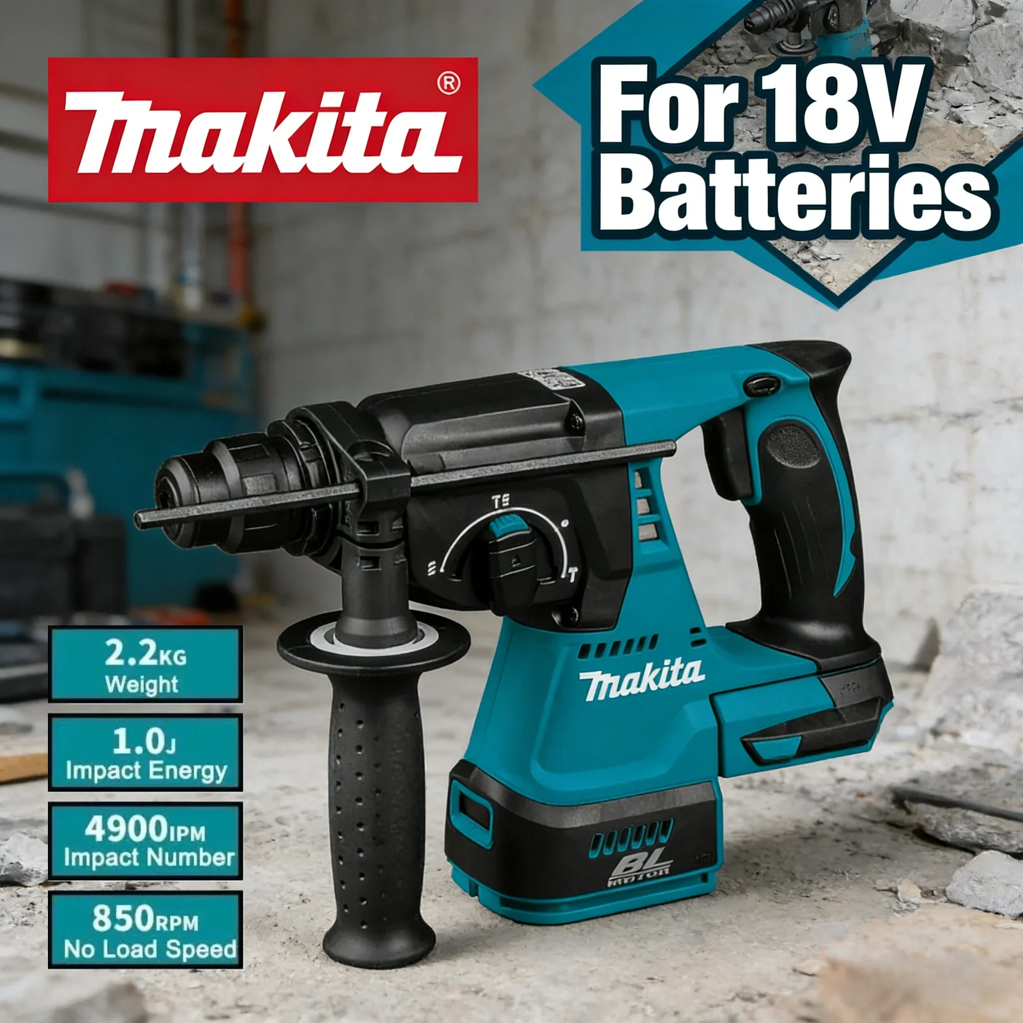 Trapano a percussione rotante Makita DHR242 18V, senza spazzole, 24 mm SDS-Plus, impatto 2,0 J, 3 modalità di funzionamento, fornito con batteria da 6,0 Ah, per foratura di cemento e muratura,