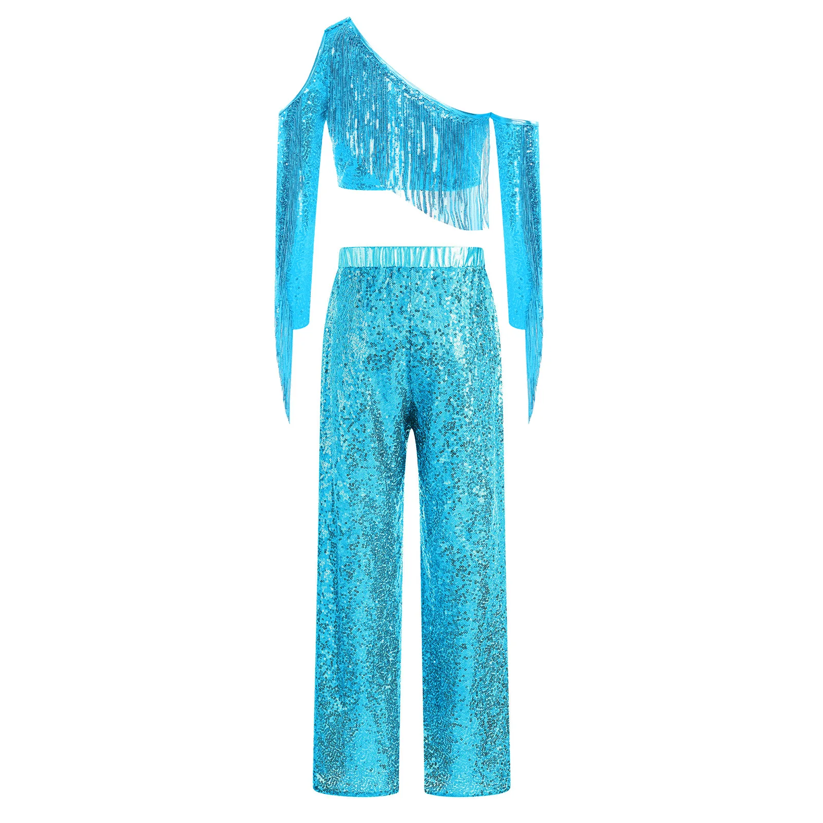 Kids Girls One Shoulder Long Sleeve Shiny Sequin Tassels Crop Top+Pants Set for Tango Jazz Latin Dance Performance Competition