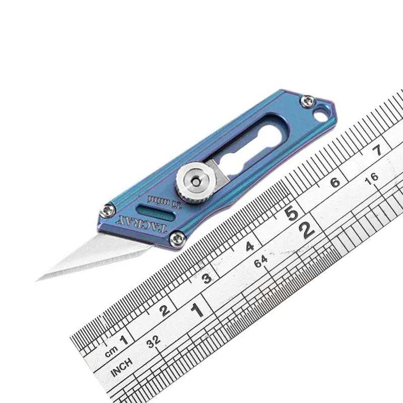 Blue Titanium Alloy Push Pocket Knife Multifunctional Keychain Utility Knife Survival EDC Tool Express Cutter can Replace Blade