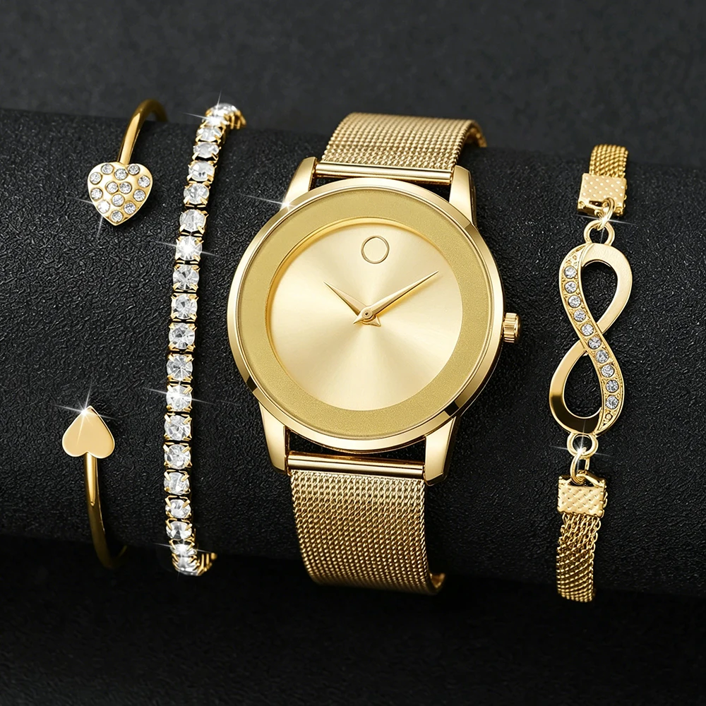 4PCS Fashion Women's Watch Rhinestone Bracelets Set Gold Color Steel Band Quartz Wristwatch Girls ClockWithout Box