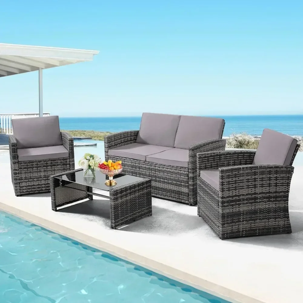 4-piece outdoor wicker combination sofa with sofa, 2 chairs and coffee table, gray rattan and light gray filled washable cushion