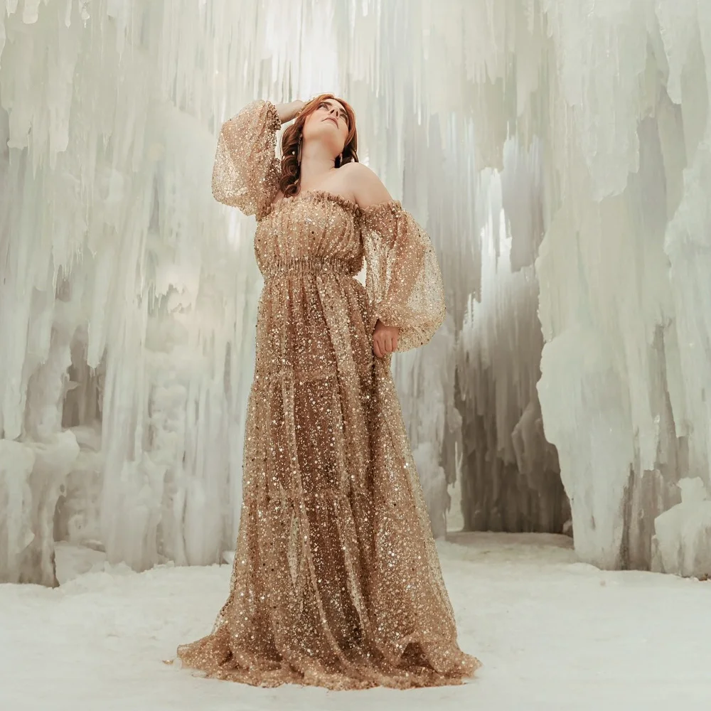 Brown Pearl Sequin Transparent Mesh One Shoulder Dress Maternity Dress Photoshoot Props Pregnant Women Photography Dress