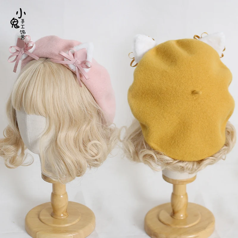 Japanese lolita girls bow cat ears beret of lovely cat ears in the fall and winter bud hat