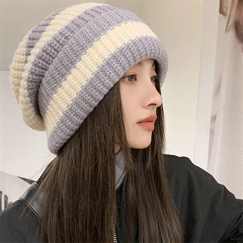 1PC New Winter Warm Hats For Women Casual Stacking Knitted Bonnet Caps Men Hats Stripe Hip Hop Unisex Female Beanies