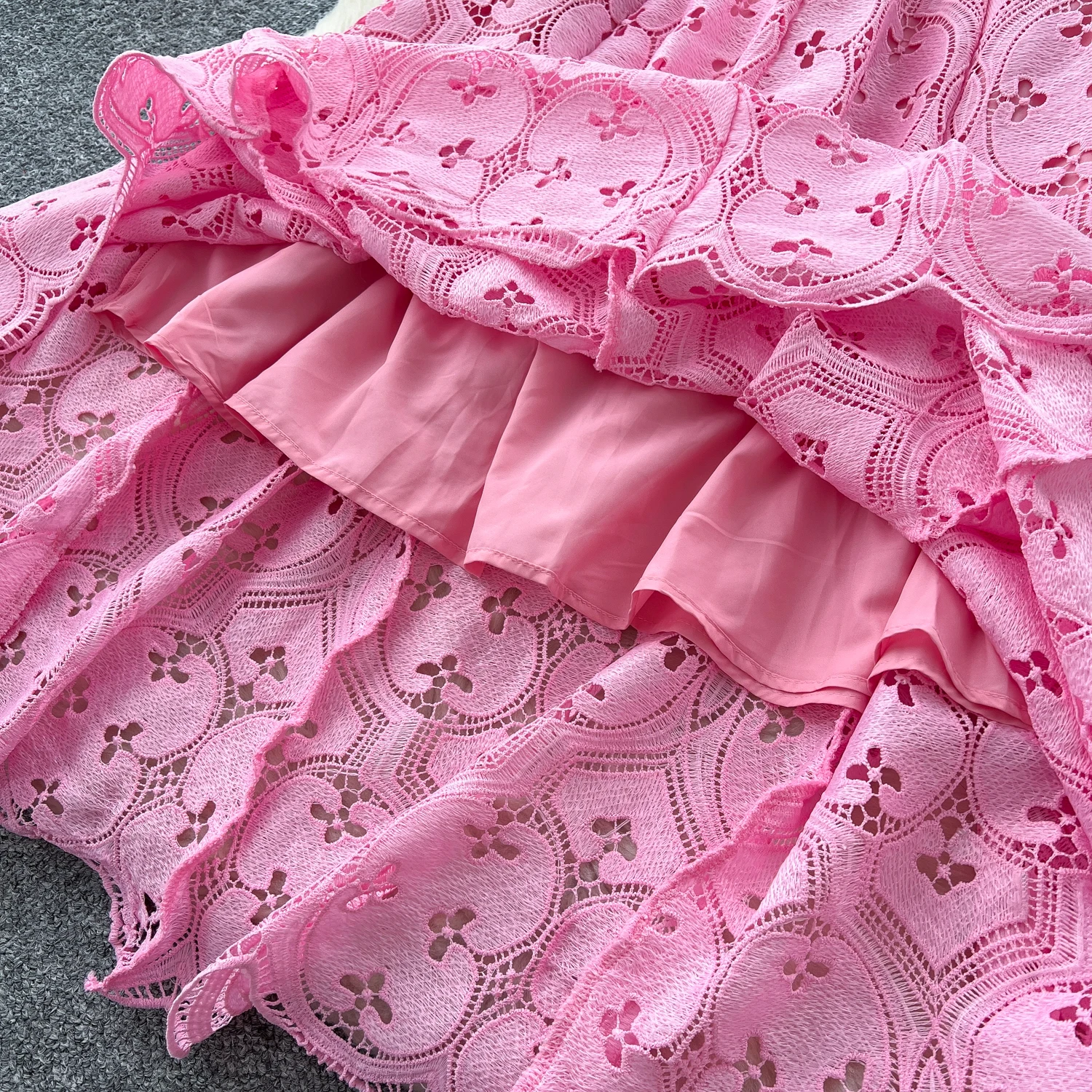 Stickerei Elegantes Kleid Für Frauen O Hals Kurzarm Hohe Taille Cut Out Midi Kleider Weibliche Sommer Kleidung