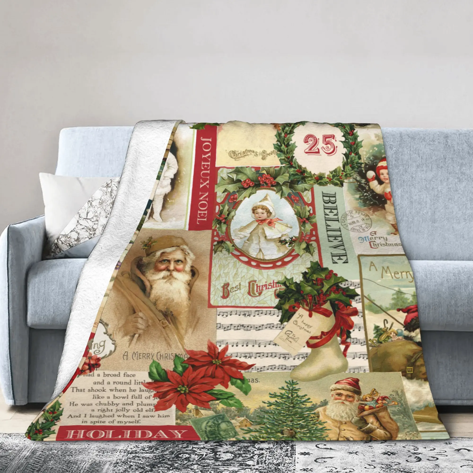 

Винтажное рождественское одеяло с коллажем, бархатное зимнее портативное мягкое одеяло для постельного белья, дорожный ковер