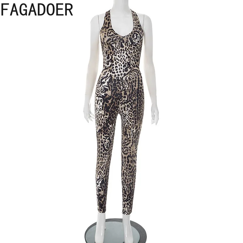 FAGADOER Fashion Leopard Print Bodycon Jumpsuits Woman Hanging Neck Sleeveless Backless Rompers Female Streetwear Overalls New