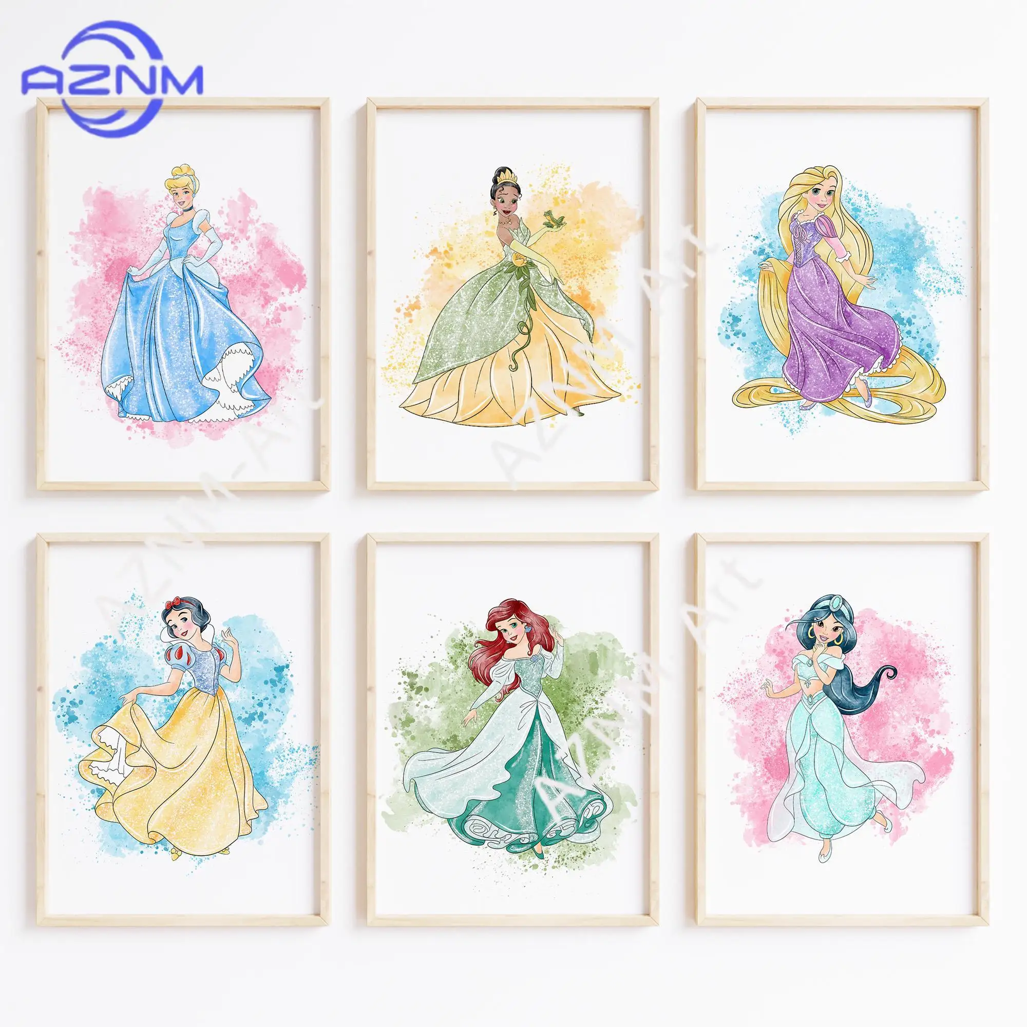 1 unidad/6 piezas de impresiones artísticas de pared de princesas de Disney, arte de pared para habitación de niñas, Rapunzel, Ariel, Tiana, Jasmine, Blancanieves