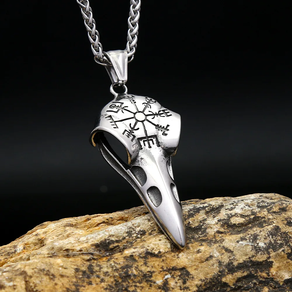 Viking Raven Skull Pendant Necklace Stainless Steel Vegvisir Rune Unisex Retro Amulet Jewelry
