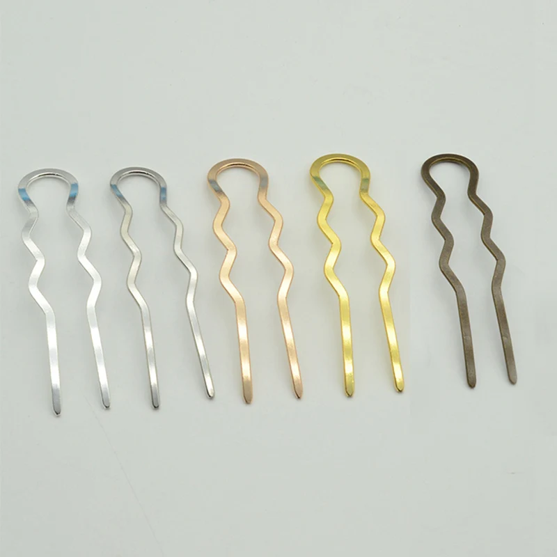 10PCS 1.2mm*7cm Brass Metal Waved U Shape Hair Sticks Hairpin Two Teeth Hair Forks for Women Long Hair Clips For Bun Head