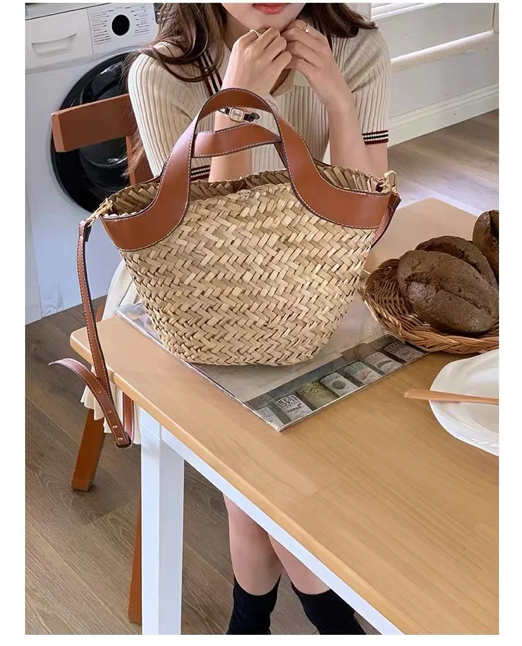 Summer Straw Woven Handmade Bucket Bag Women Handbag Lady Purse Female Fashion Shoulder Messenger Bag Holiday Vacation Beach Bag