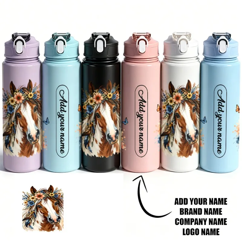 750ml Custom Name Brown White Horse Wildflower Crown Feather Leakproof Sports Water Bottle for Outdoor Gym Cycling Hiking School