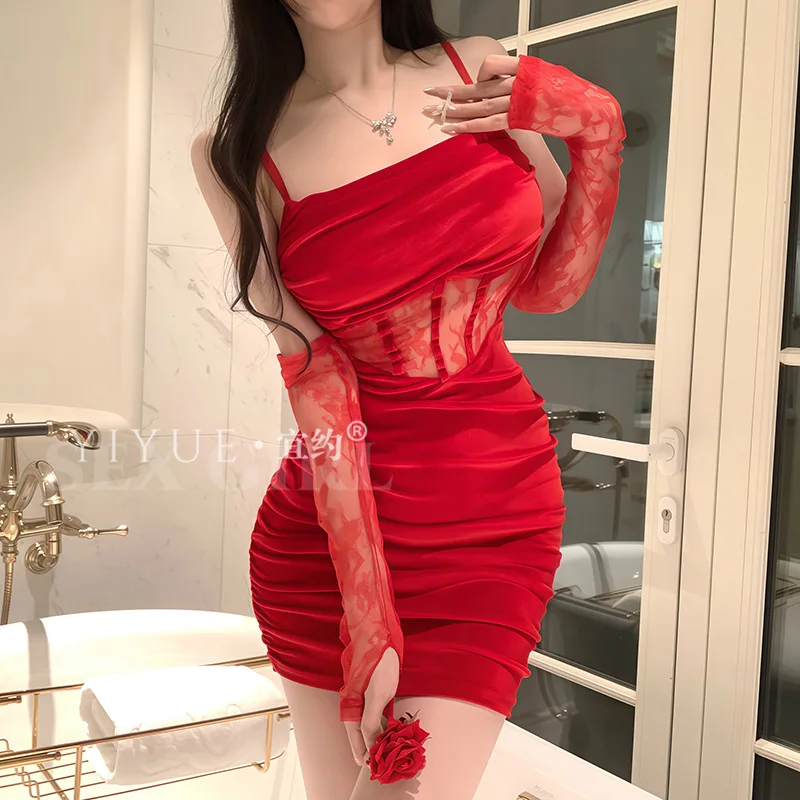 Sexy suspender hip skirt lace seduction slim uniform women's nightgown