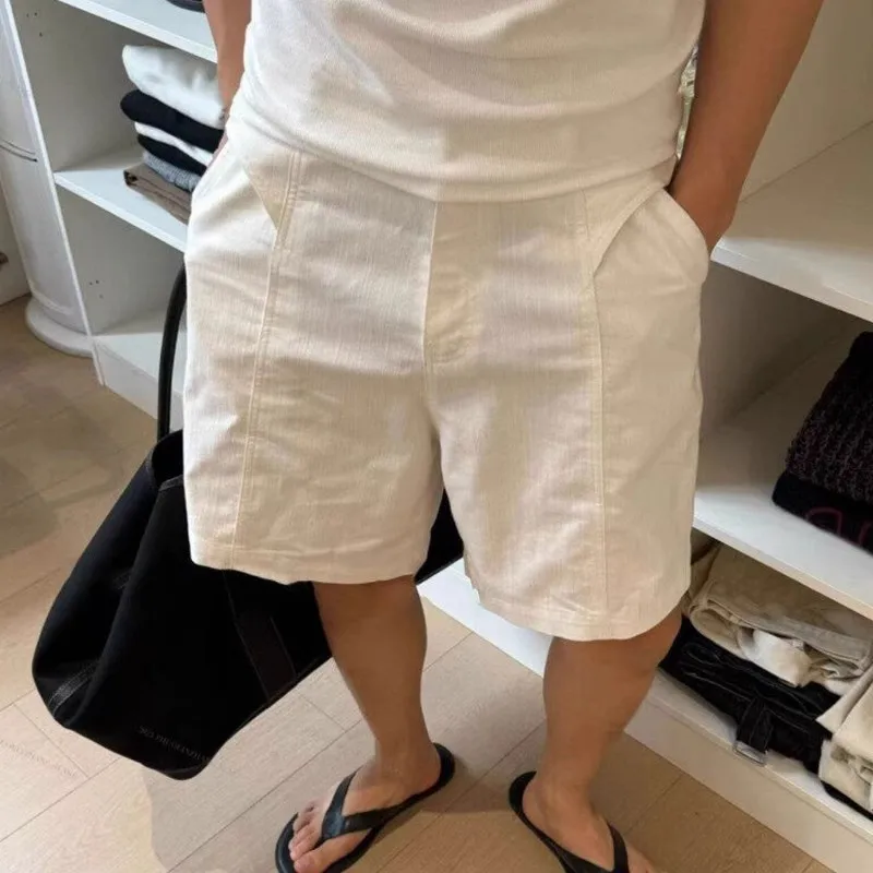 Men's Cotton Linen Shorts Vintage Loose Solid Color Lightweight Breathable Summer Casual Bermuda Shorts for Beach Vacation