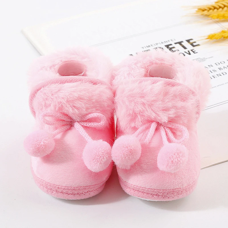 Infant Toddler Baby\'s Winter Snow Boots Plush Bobble Decorated Boots Warm Baby First Walker Children\'s Shoes