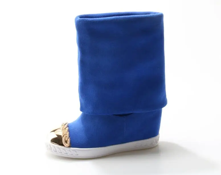 Black Chain Round Toe Boots Cow Suede Wedge Heek Boots Women Height Increasing Metal embellished Slip On Winter Boot Shoes Woman
