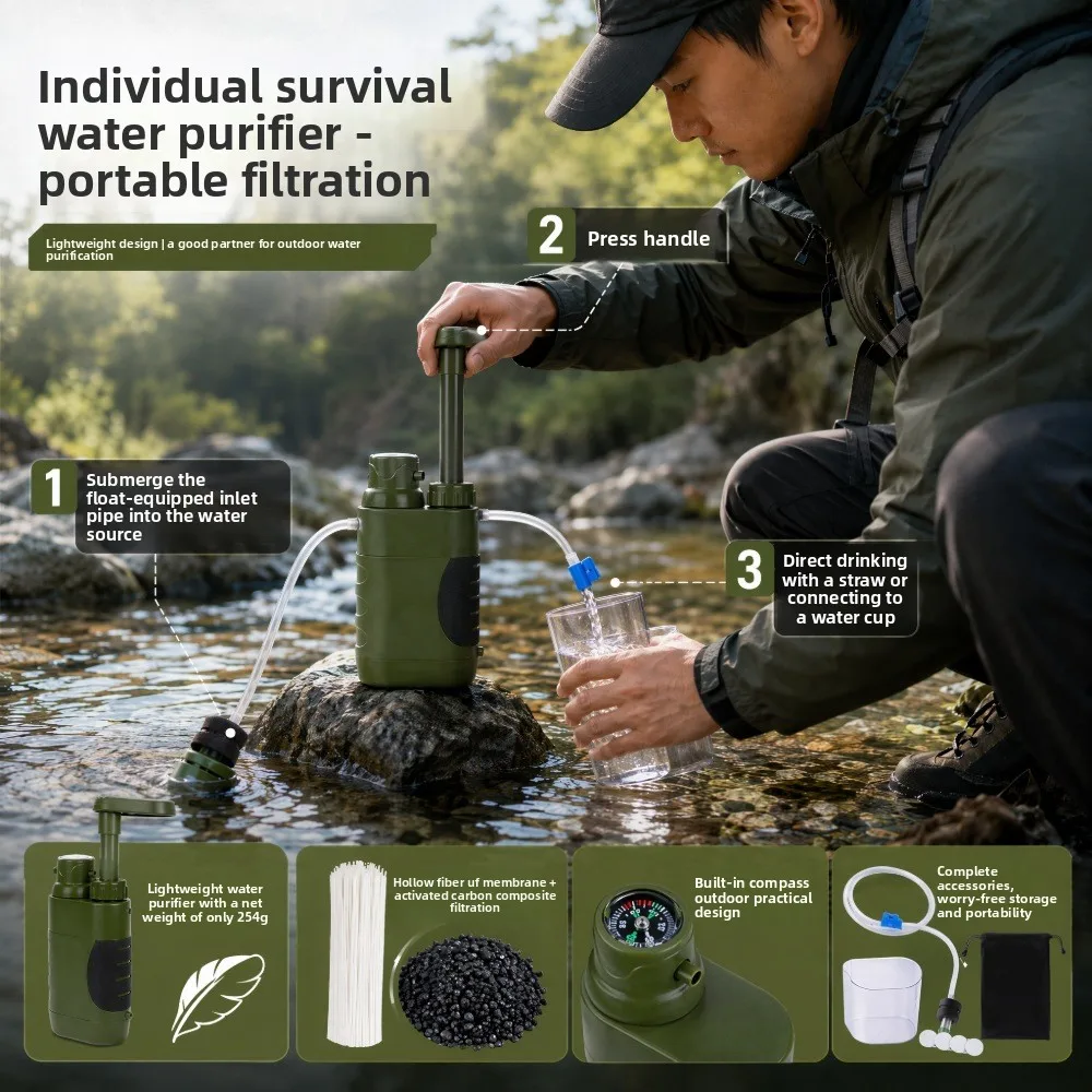 Outdoor Portable Water Purifier Pump Ultrafiltration Drinking Water Filter Field Survival Gear for Camping Hiking Emergency