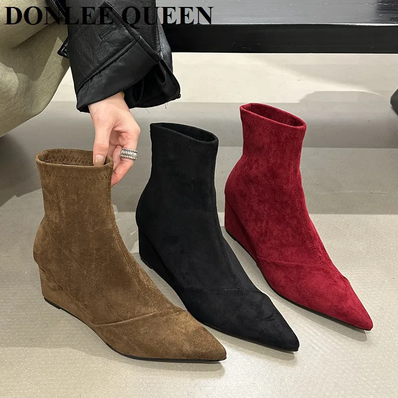 

Women Flock Sock Boots Stretch Shoes Wedges High Heel Pointed Toe Back Thin Elegant Party Dress Pumps Winter Soft Botas Footwear