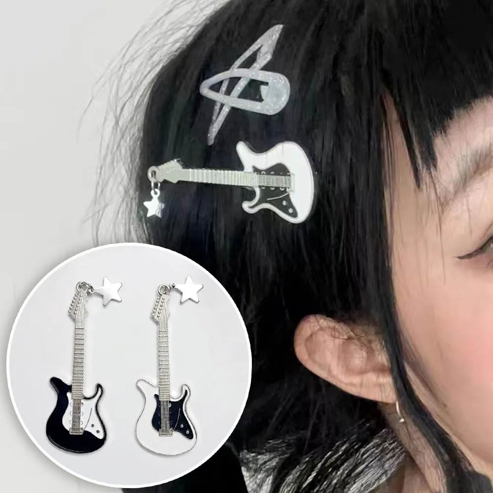 Y2K Star Guitar Hair Clip Black White Metal Bangs Clip Cool Girl Hairpin Creative Woman Barretes Side Clip Headwear Gifts 2024