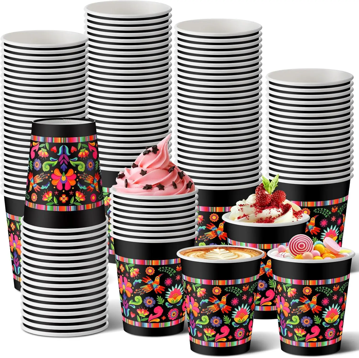 

100 Pack Day of the Dead Paper Cups 9oz Dia De Los Muertos Disposable Cups Mexican Floral Snack Soup Bowls Bulk Serape S