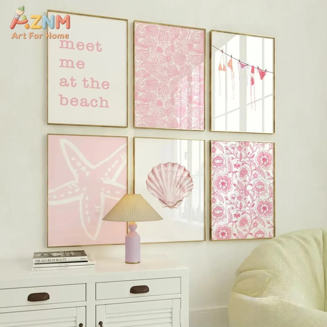 AZNM  Pink Meet Me on The Beach Quote Canvas Print Summer Simple Shell Starfish Bikini Coastal Theme Art Poster for Home Decor