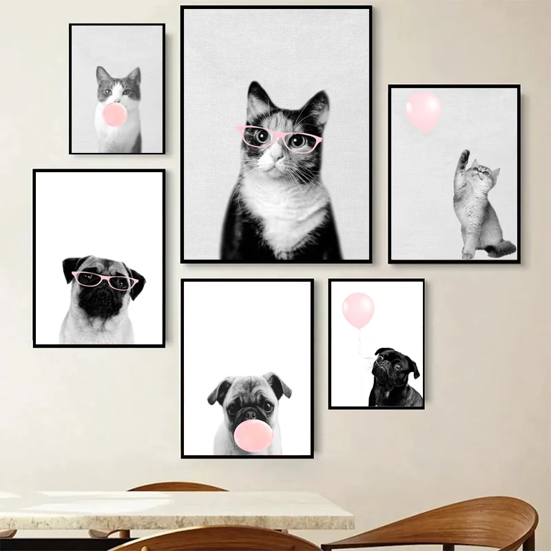 Retro Abstract Black and White Cat Dog with Pink Glasses Bubble Balloon Poster Canvas Paint Prints Art Room Home Wall Decoration