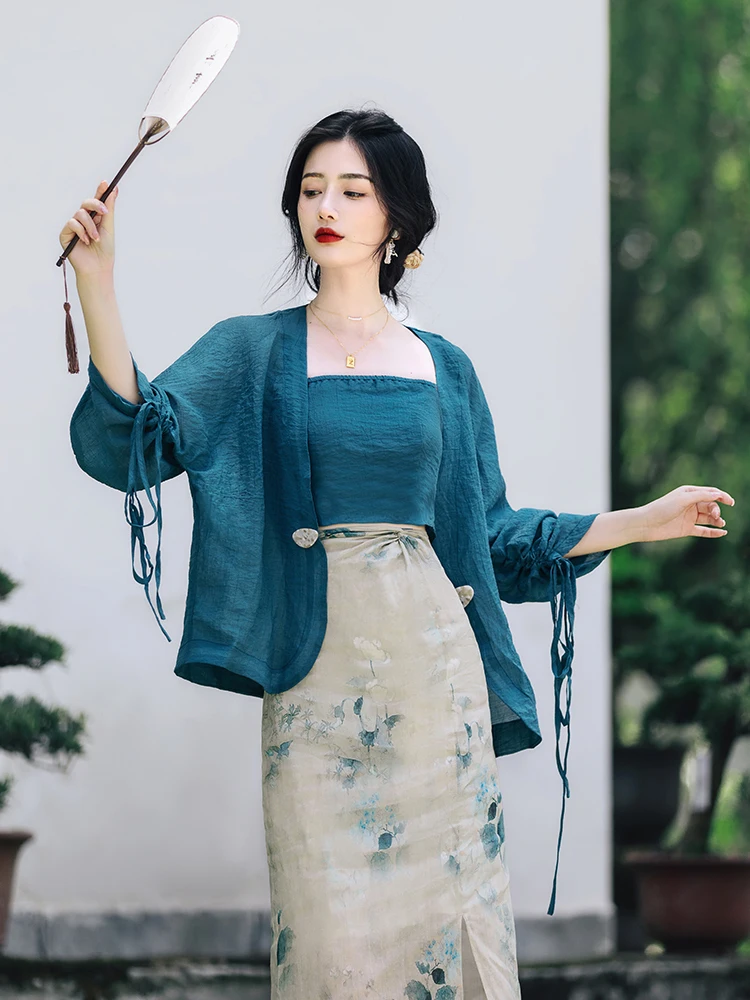 Elegant Chinese Style Three-Piece Set for Women plus Size Spring New Arrival High Quality Sleeve Long Hooded Coat And Tube Top