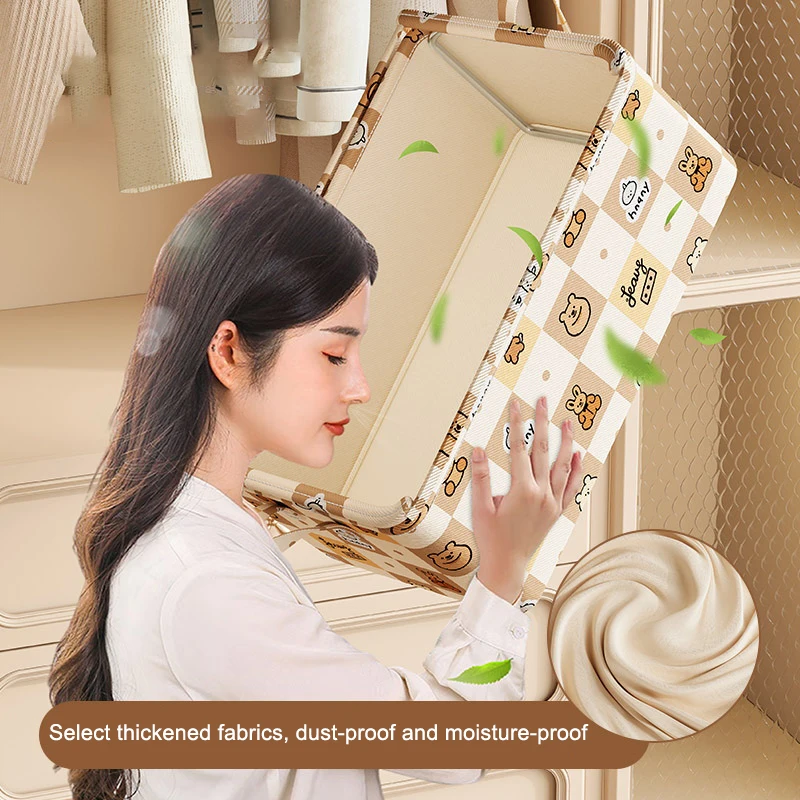 Картина 3: Новый мультяшный медведь со стальной рамой, ящик для хранения одежды, корзина для хранения в общежитии, шкаф для хранения одежды, тканевый ящик для хранения