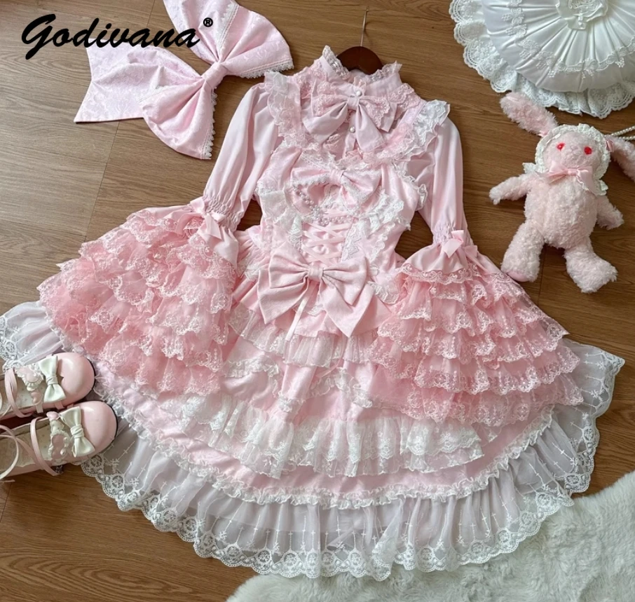 الحلو الفتيات الوردي فستان مجموعة رائع زهرة الزواج الأميرة مقوس دانتيل Jsk الحمالة فستان لوليتا قميص طويل الأكمام ملابس النساء #4