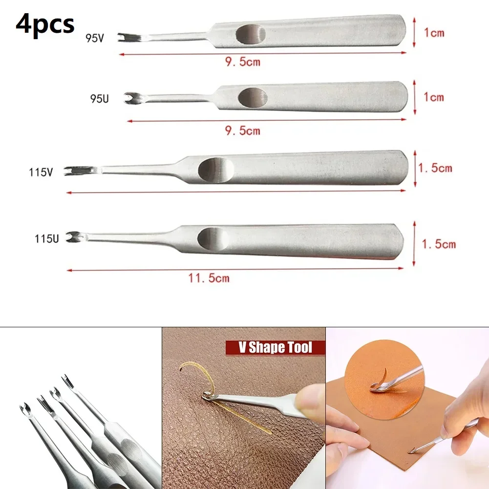 4pcs U+V Shaped Leather Stitching Skiving Tool S/L Groover Punching Tool Kit Leathercraft Hole Puncher Edge Beveler Tool Kit