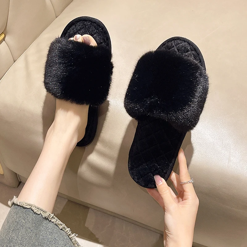 Casual Fluffy Slippers Women House Flat Warm Plush Designer Shoes Ladies Fashion Trend Winter Platform Footwear Elegant Open Toe