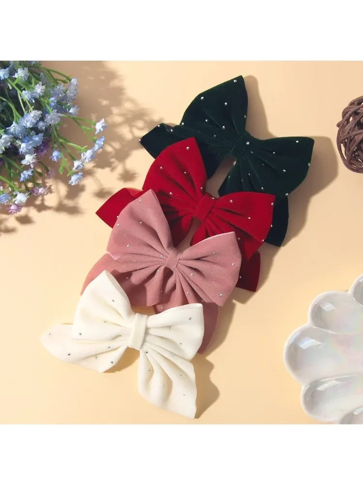 Pinces à cheveux avec nœuds mignons préférés des filles, 2 pièces/ensemble, orné de diamants, velours, nœuds de couleur unie, alliage, accessoire pour cheveux sûr, cadeaux pour enfants
