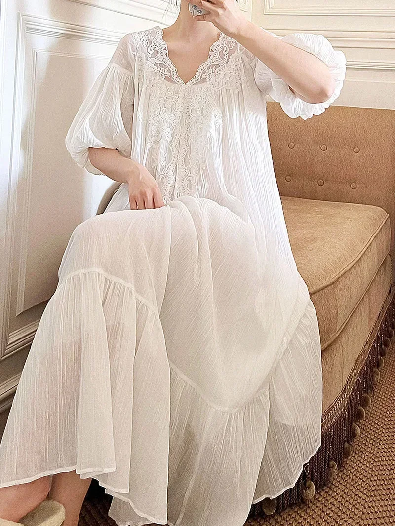 Women V-Neck Ruffles Lace Vintage Nightgowns Robe Nightie Long Dress Victorian Romantic Princess Sleepwear Nightdress Homewear