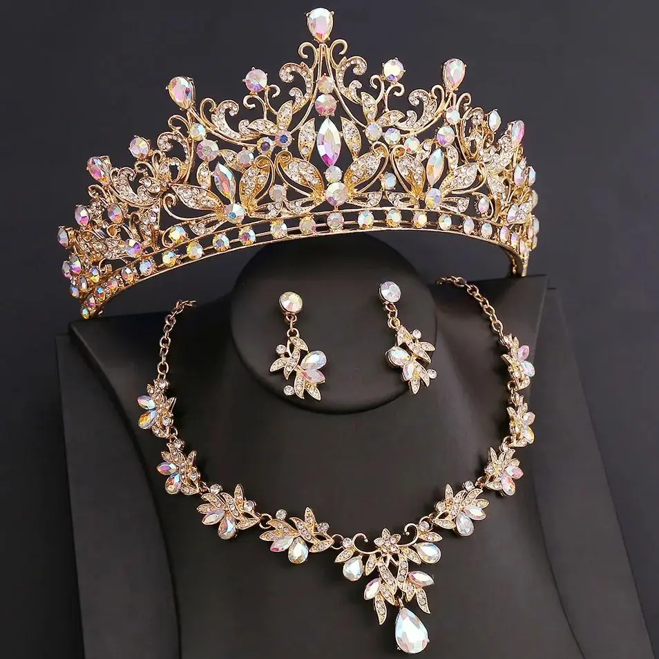 DIEZI Baroque Bridal AB Crystal Crown Princess Queen Luxury Flower Tiaras Necklace Earrings New Wedding Party Jewelry Sets