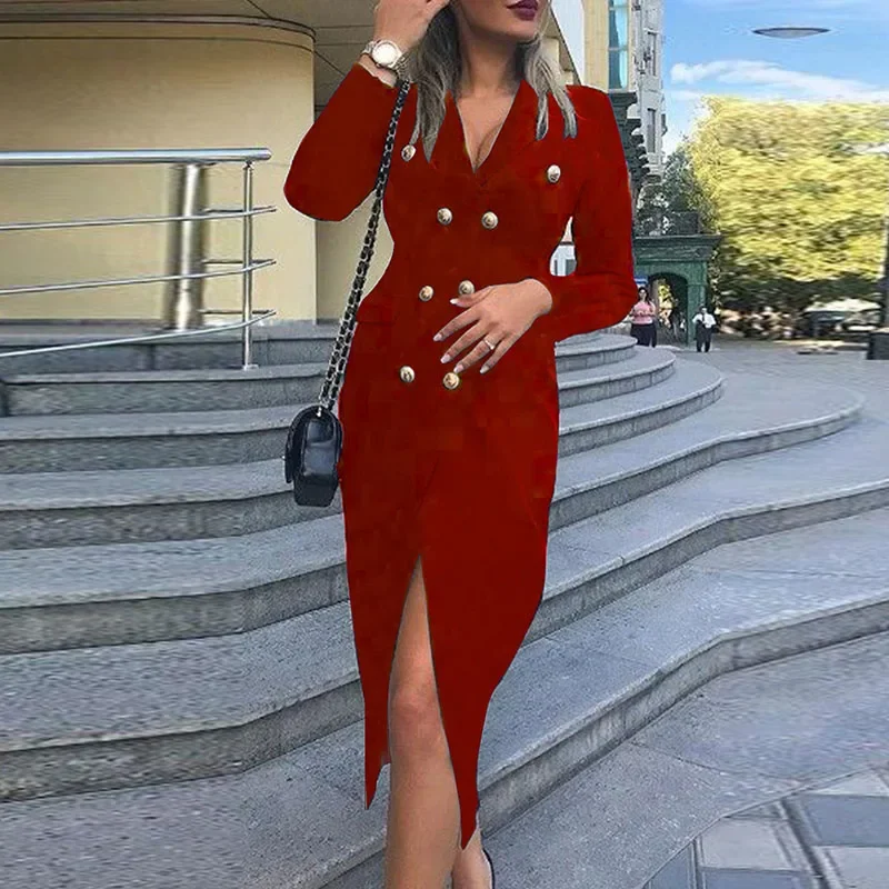 

Sexy Elegant Double Breasted Business Dresses Spring Autumn Long Sleeve Bodycon Midi Dress Office 2023 Women V-Neck Party Dress