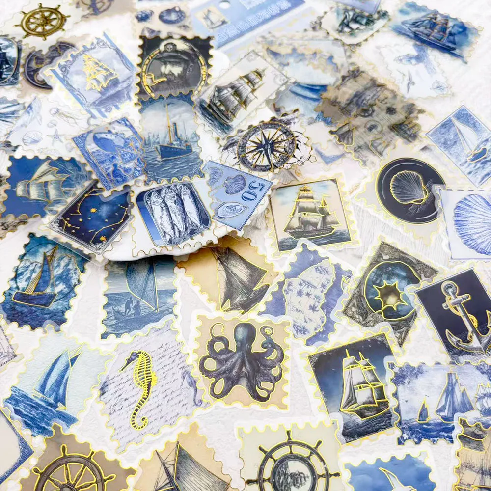 50 Stück Vintage Blaue Maritime Stempel Goldprägung PET-Aufkleber für Telefon, Briefe, Gepäck, Kühlschrank, DIY Ästhetische Aufkleber