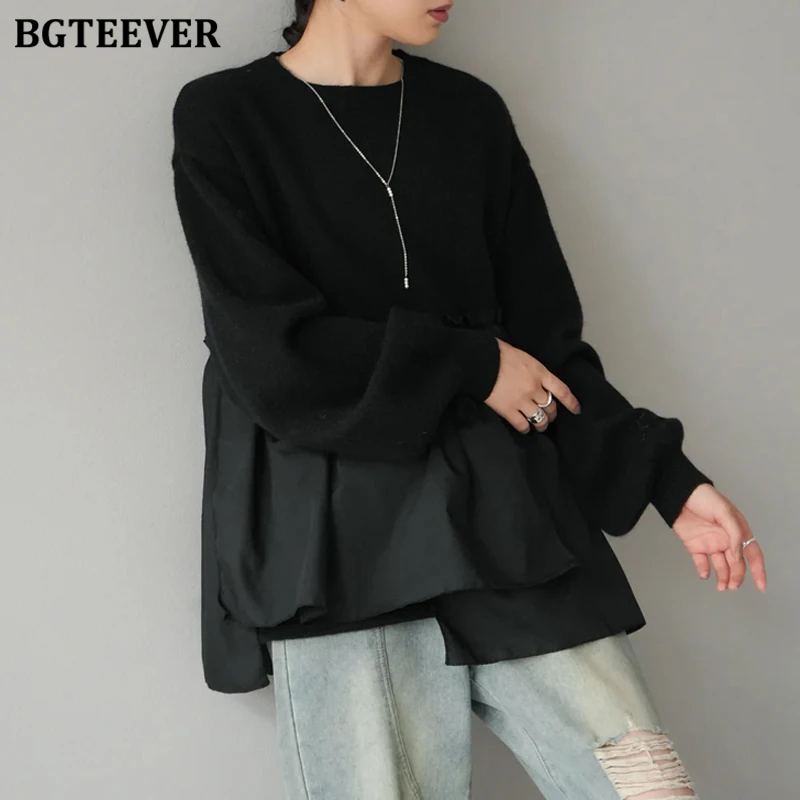 BGTEEVER Casual Lose Oansatz Weibliche Gestrickte Pullover Tops Frühling Herbst Stilvolle Lange Hülse Frauen Unregelmäßige Pullover Jumper