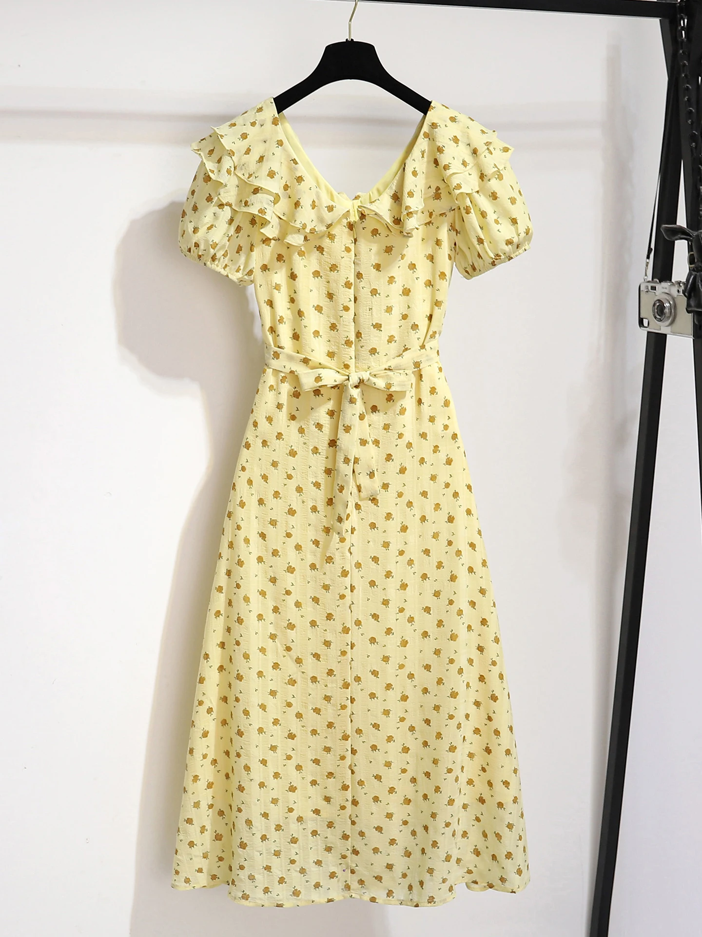 Gele Bloemenprint Zomer Dr Dames Retro Sle Hoge Taille Afslankende Lange Rok Theepauze Ritssluiting Bubble Sve V-...