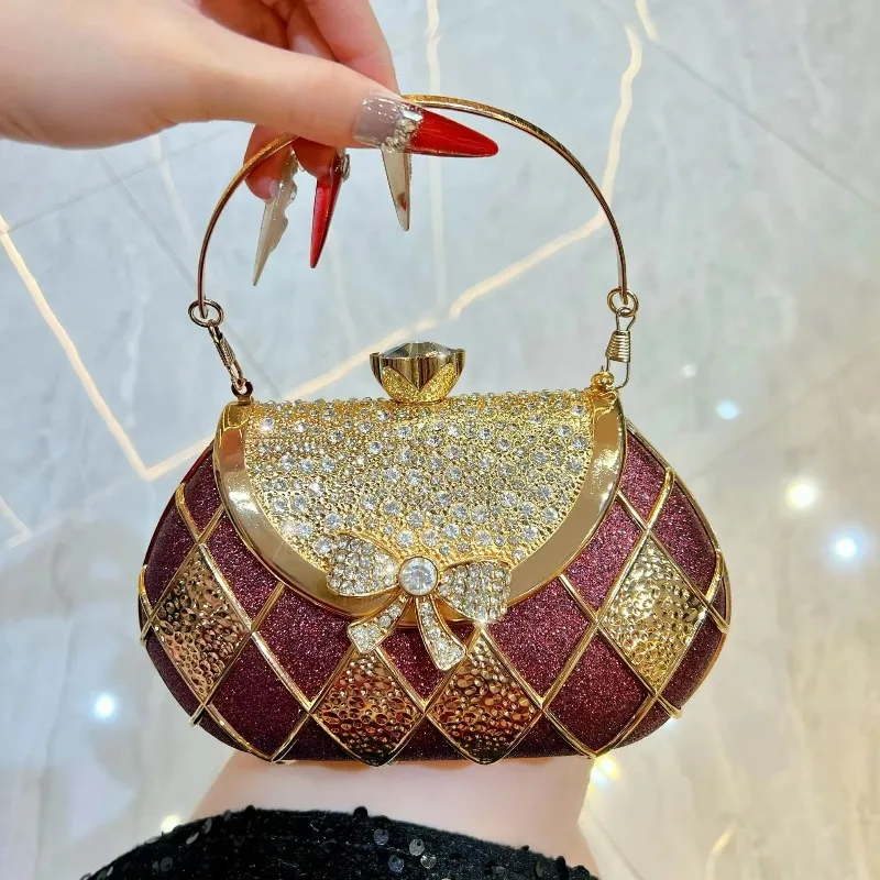 New fashion rhinestone bow handbag diamond-encrusted dinner bag light luxury clutch bag niche messenger chain bag