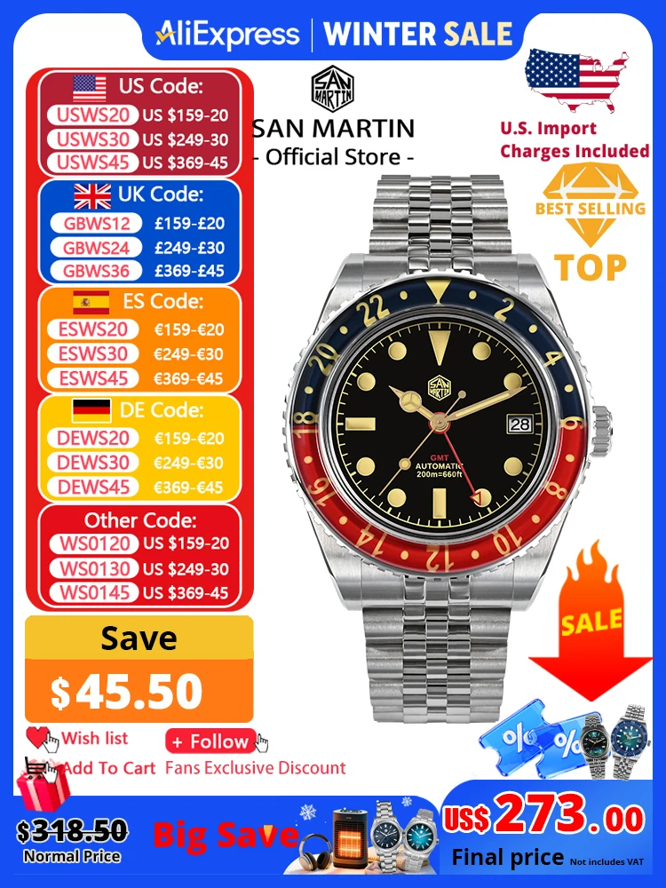 San Martin NH34 40mm GMT Luxury Sports Style Full Luminous Bidirectional Sapphire Bezel Automatic Mechanical Watch 20 Bar SN0005