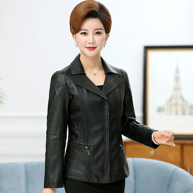 6XL Oversize PU Leather Jacket Women 2023 Spring Autumn New Mother Faux Leather Tops Clothes Short Suit Collar Coat For Female