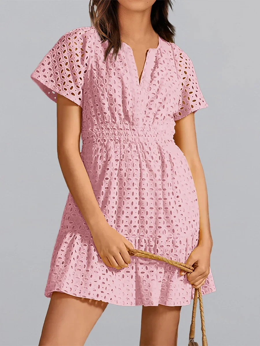 Mini robe évidée pour femme, col en V, manches courtes, mince, smockée, taille à volants, décontracté, plage, fête, club