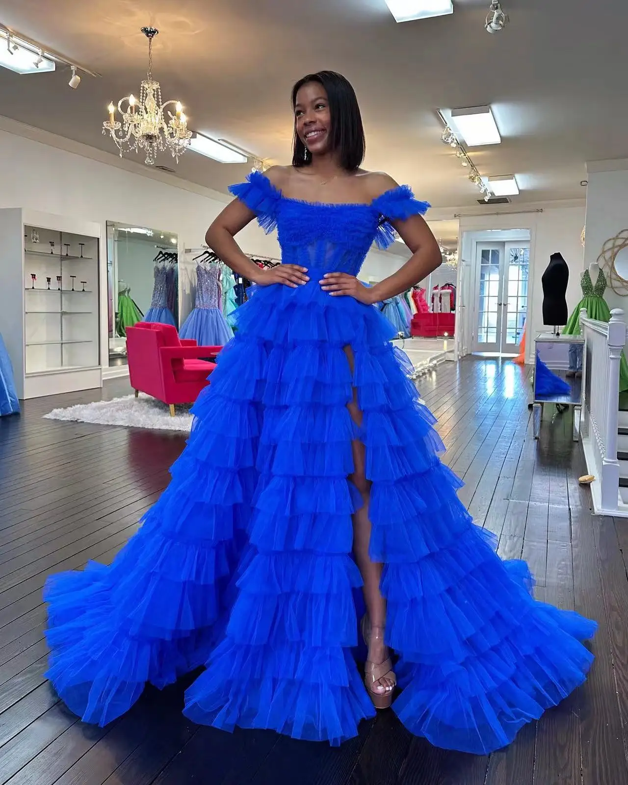 

Royal Blue Tulle Prom Dressses Long with Slit A Line Tiered Off the Shoulder Formal Evening Gowns