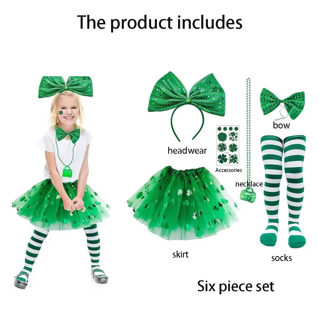 Платье Amazon Shamrock, повязка на голову, ожерелье, носки, галстук, татуировки, наклейки на день Святого Патрика, ирландский набор